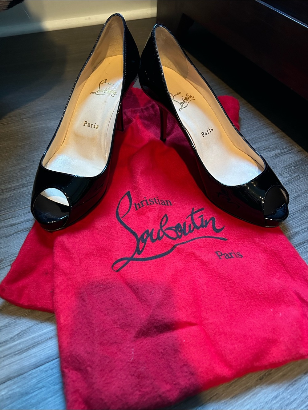 Christian Louboutin Black Patent Peep-Toe Heels